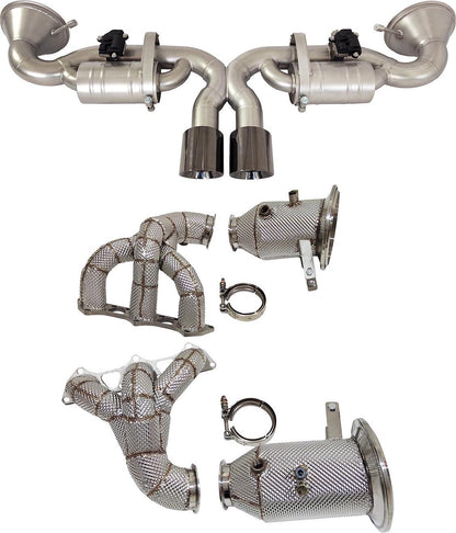 JackSpania Racing Porsche 911 GT3 GT3RS catback exhaust system with headers, featuring a valved performance upgrade on a 991 or 992 model.