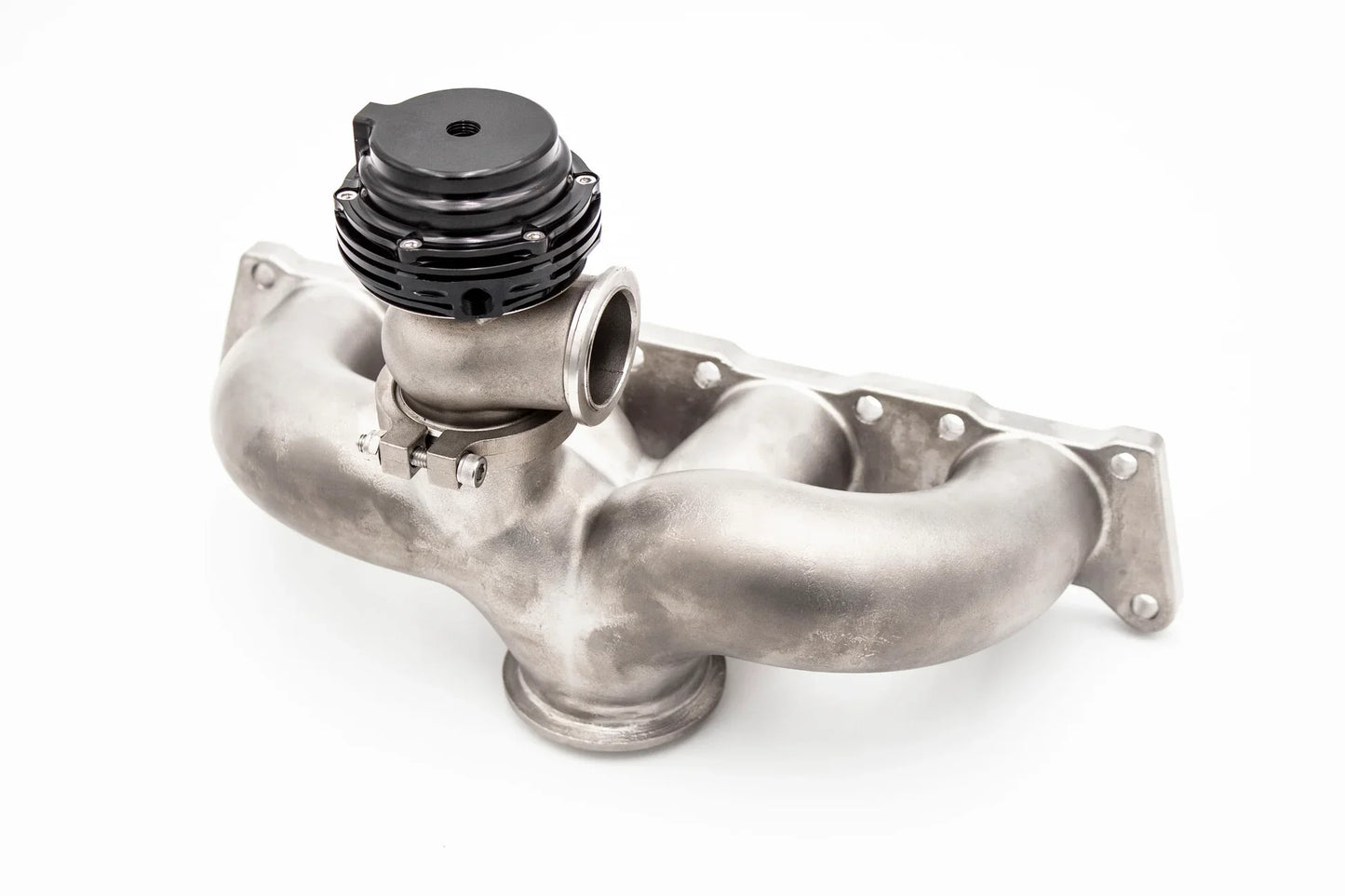 VW MK4 1.8T 20V exhaust turbo manifold with bottom mount V-band from JackSpania Racing, featuring PTE Garrett Precision turbo components.