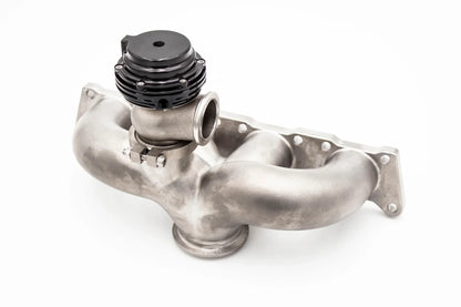 VW MK4 1.8T 20V exhaust turbo manifold with bottom mount V-band from JackSpania Racing, featuring PTE Garrett Precision turbo components.