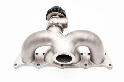 JackSpania Racing VW MK4 1.8T 20V exhaust turbo manifold with bottom mount Vband, PTE Garrett Precision turbo component.