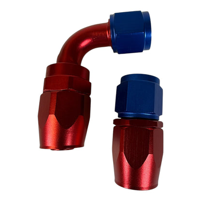 Jack Spania Racing AN10 10AN swivel hose end fittings in red and blue, 0° and 90° engine parts for custom hydraulic setups.