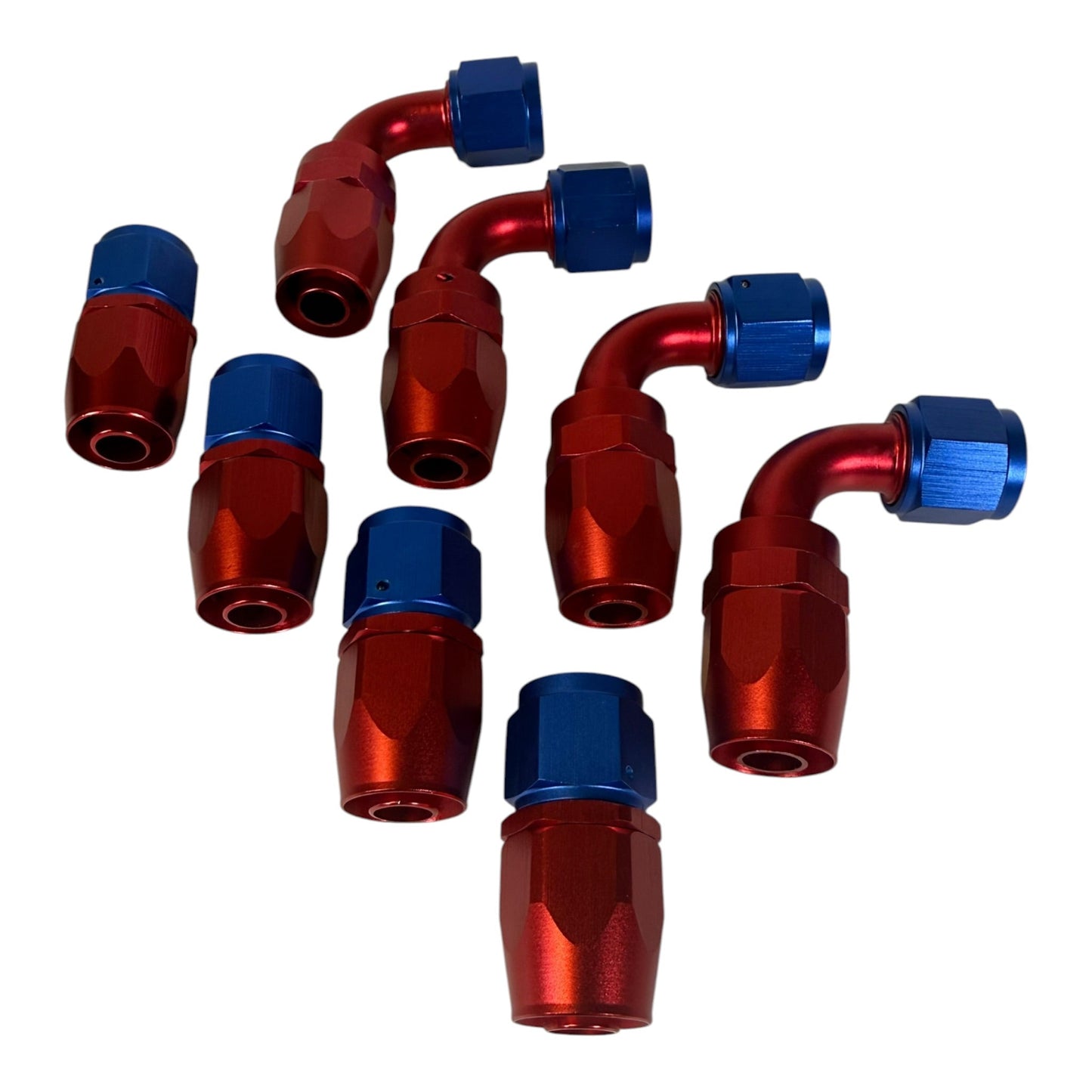 Jack Spania Racing AN10 10AN swivel hose end fittings in red and blue for engine hoses, with 0° and 90° angles.