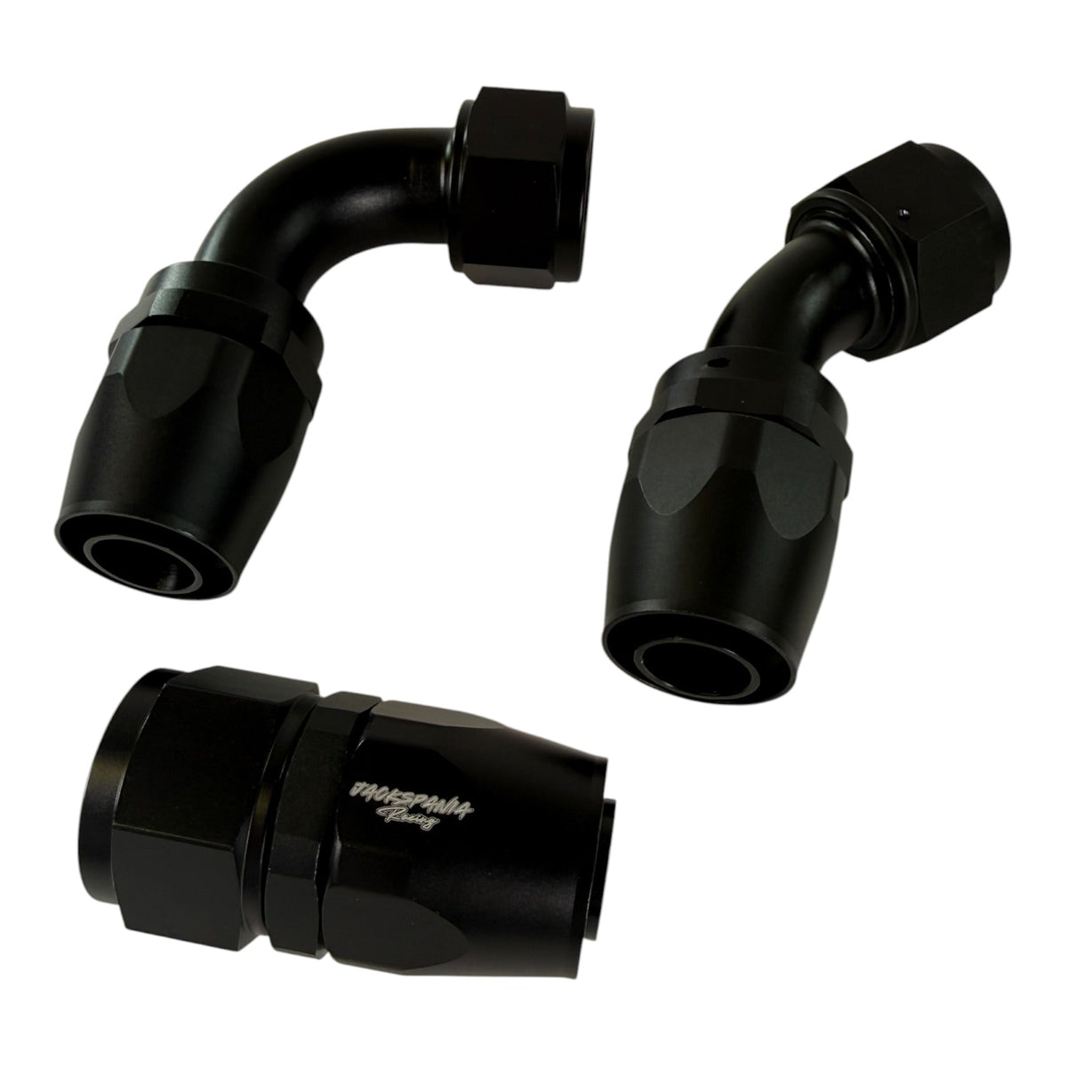 Jack Spania Racing AN16 16AN swivel hose end fittings in 0°, 45°, and 90° angles for engine applications.