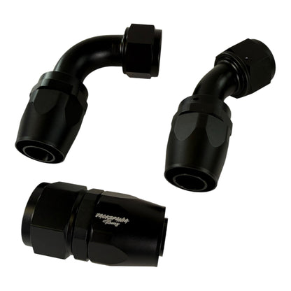 Jack Spania Racing AN16 16AN swivel hose end fittings in 0°, 45°, and 90° angles for engine applications.