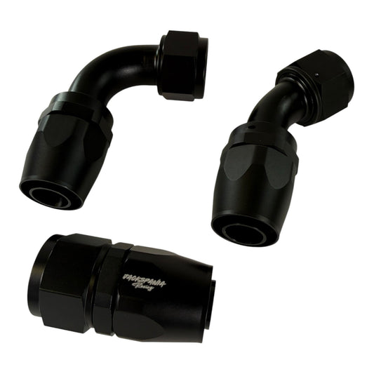 Jack Spania Racing AN16 16AN swivel hose end fittings in 0°, 45°, and 90° angles for engine applications.