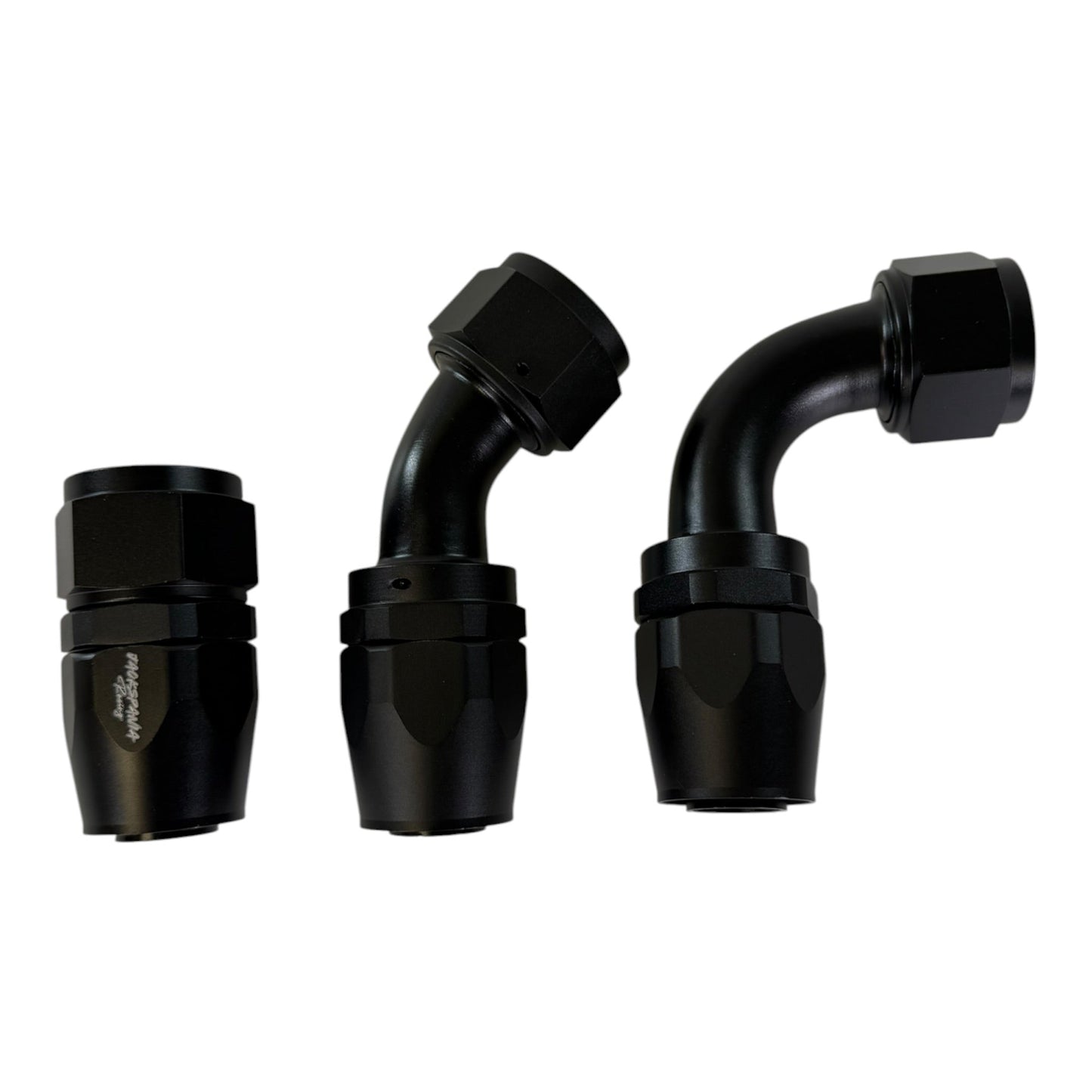 Jack Spania Racing AN8 8AN swivel hose end fittings in 0°, 45°, and 90° angles, designed for high-performance engine hoses.