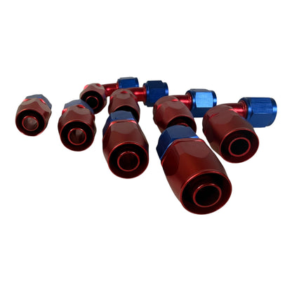 Jack Spania Racing AN10 10AN swivel hose end fittings in red and blue for engine performance applications.