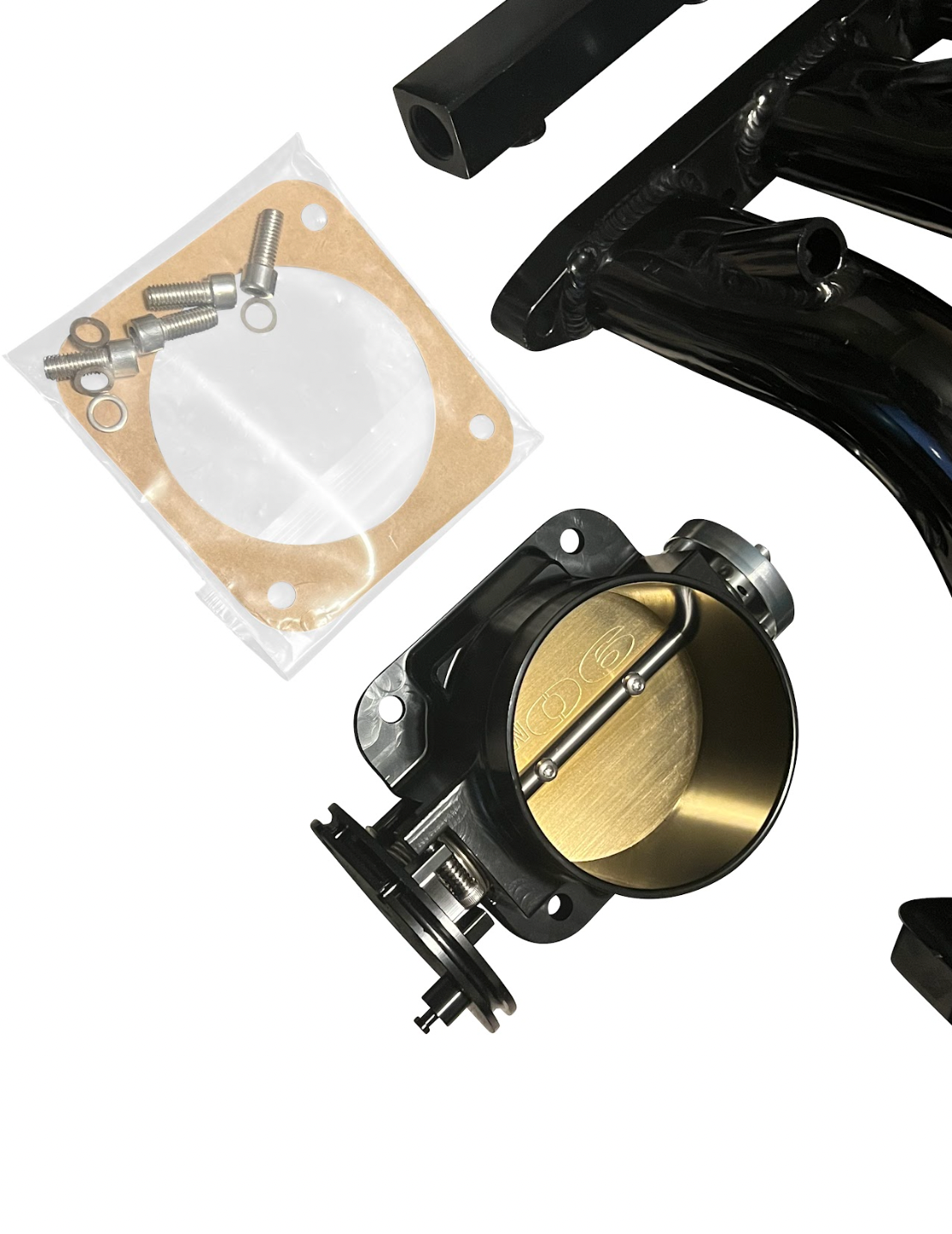 BMW E36 E46 M50 M52 M54 engine intake manifold and throttle body from Jack Spania Racing, showing metal components and mounting points.