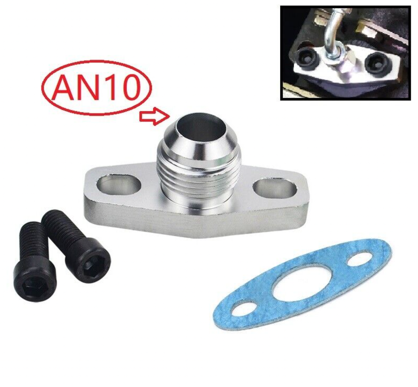 Jack Spania Racing billet turbo oil drain return adapter flange with gasket, compatible with Garrett T3, T4, GT40, GT28, GT30, GT35 engines.