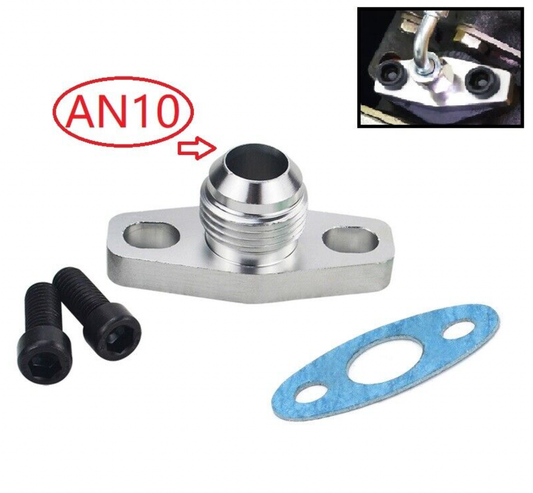Jack Spania Racing billet turbo oil drain return adapter flange with gasket, compatible with Garrett T3, T4, GT40, GT28, GT30, GT35 engines.