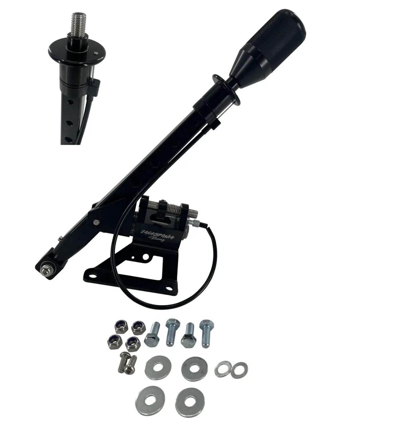 Jack Spania Racing billet short shifter box for BMW E36 and E46 models, showing the precision-machined transmission part.