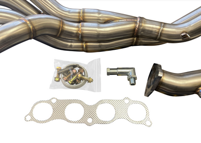 Jack Spania Racing K-Series race header for Honda RSX EP3 Type S with K20 and K24 engine parts, shown from angle view.