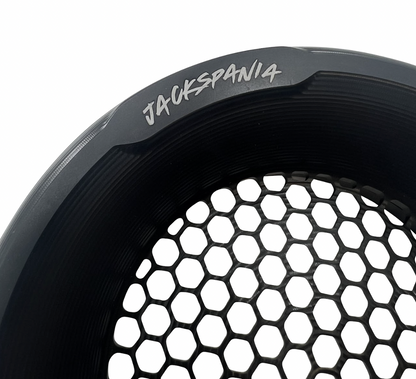 JackSpania Racing billet 4-inch turbo inlet guard with velocity stack adapter and bellmouth for engine performance enhancement