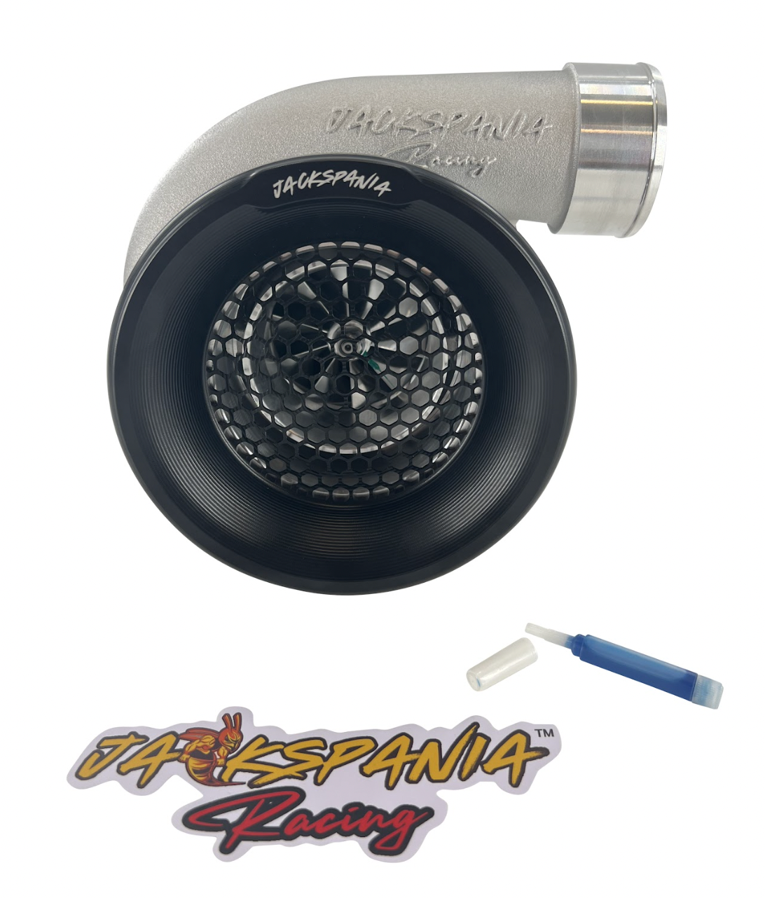 JackSpania Racing billet 4-inch turbo inlet guard with velocity stack adapter and bellmouth for engine performance.