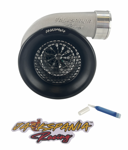 JackSpania Racing billet 4-inch turbo inlet guard with velocity stack adapter and bellmouth for engine performance.