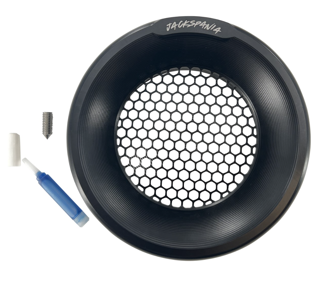 JackSpania Racing billet 4-inch turbo inlet guard with velocity stack adapter and bellmouth for engine performance.