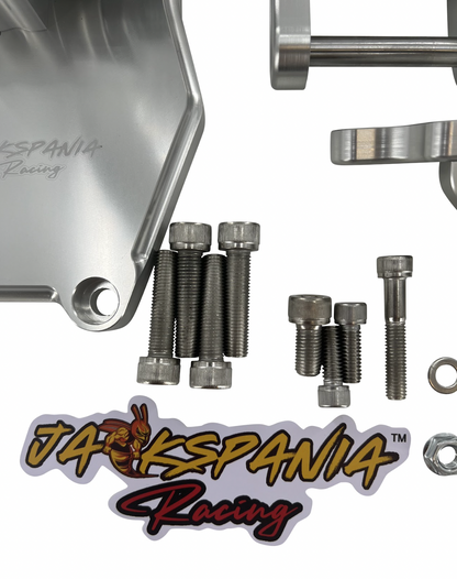 JackSpania Racing K20 K24 K Series electric water plate kit with alternator brackets and fittings for engine cooling.