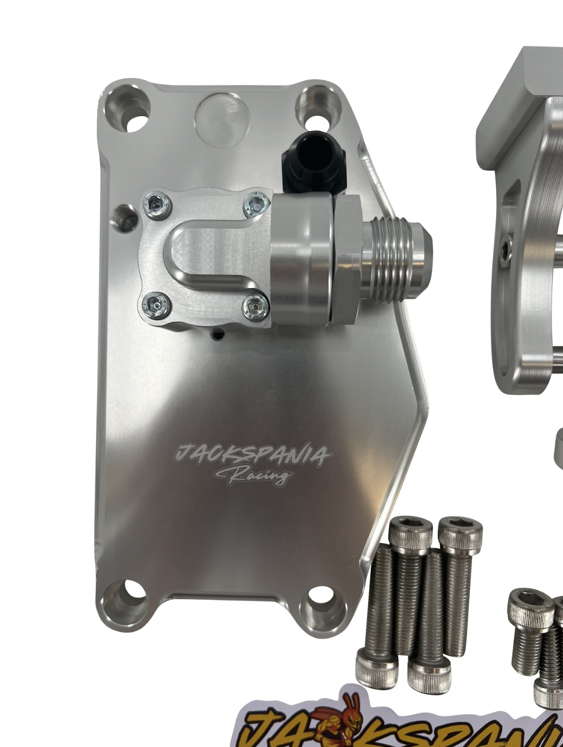 JackSpania Racing K20 K24 K Series electric water plate kit with alternator brackets and fittings for engine cooling.