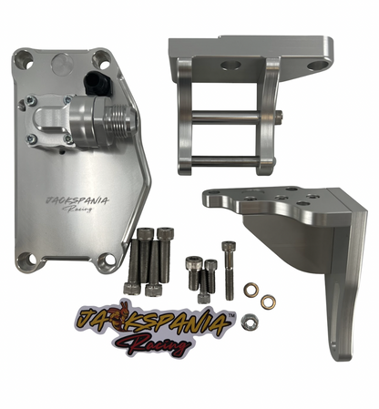 JackSpania Racing K20 K24 K Series electric water plate kit with alternator brackets and fittings for engine cooling.