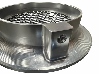 JackSpania Racing billet 4-inch turbo inlet guard with velocity stack adapter and bellmouth for engine performance.