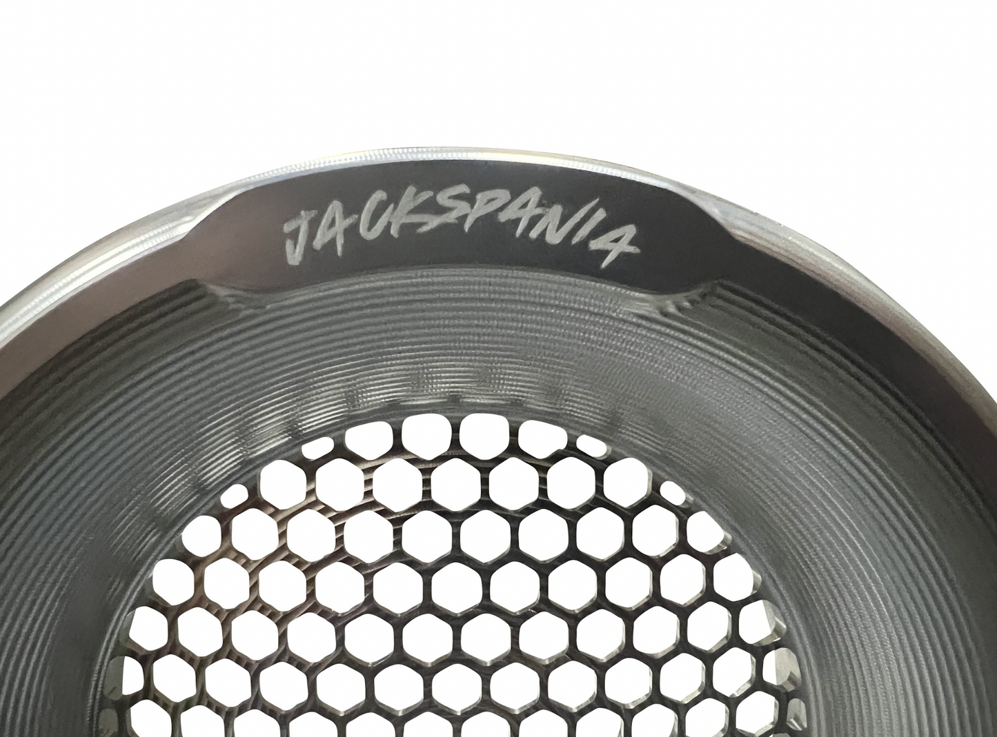 JackSpania Racing billet 4-inch turbo inlet guard with velocity stack adapter and bellmouth for engine performance enhancement.