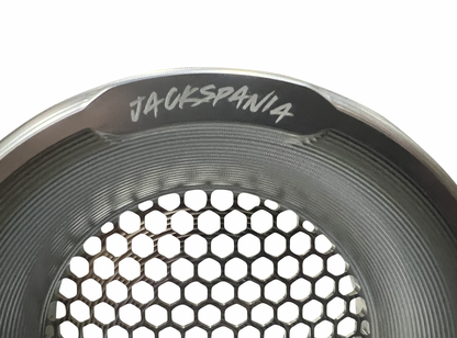 JackSpania Racing billet 4-inch turbo inlet guard with velocity stack adapter and bellmouth for engine performance enhancement.