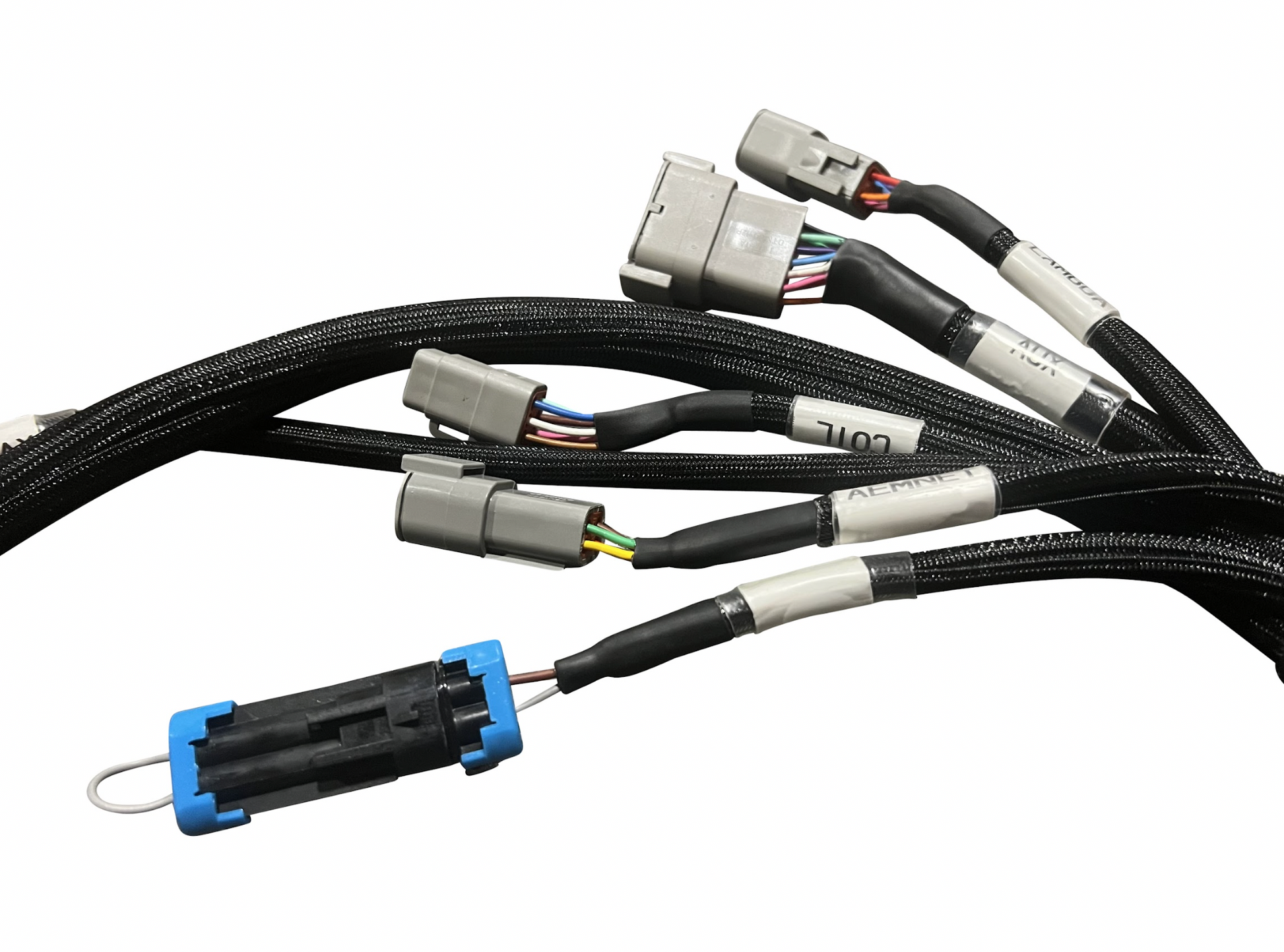 JackSpania Racing Plug & Play Jumper Harness for AEM Infinity 506/508 ECU, engine wiring and connector details.