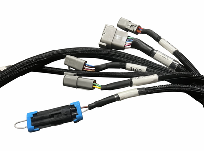 JackSpania Racing Plug & Play Jumper Harness for AEM Infinity 506/508 ECU, engine wiring and connector details.