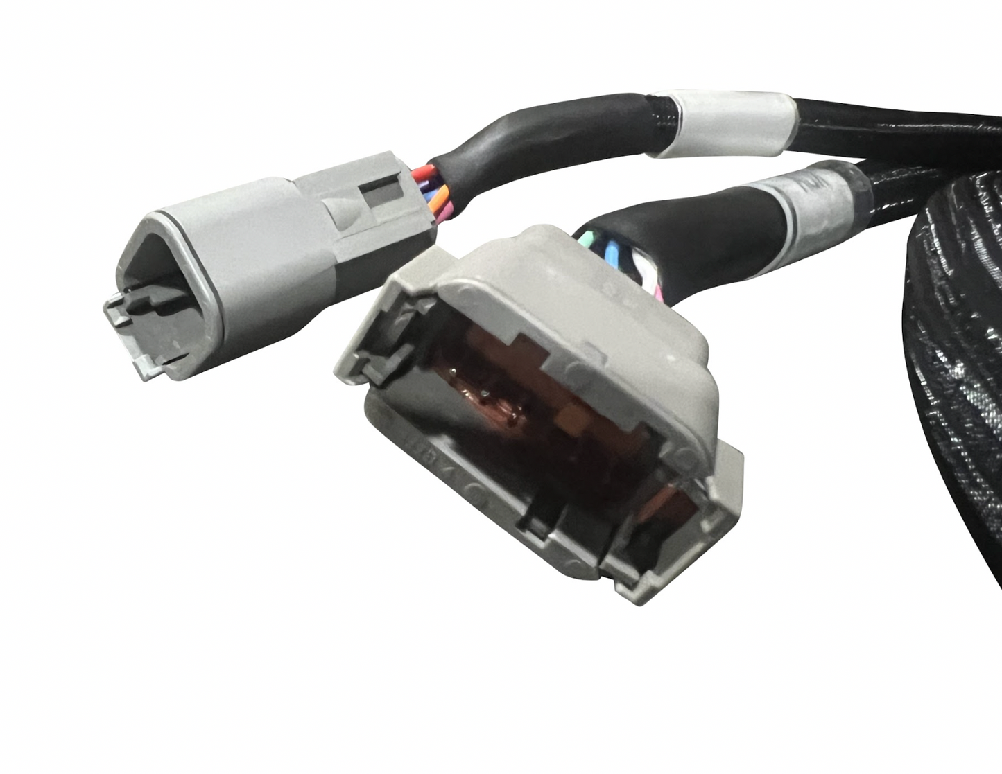 JackSpania Racing Plug & Play jumper harness for AEM Infinity 506/508 ECUs, engine part with connector and wiring.