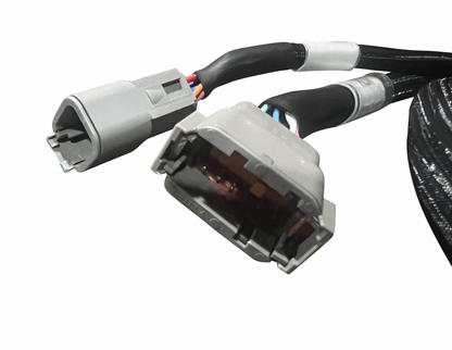 JackSpania Racing Plug & Play jumper harness for AEM Infinity 506/508 ECUs, engine part with connector and wiring.