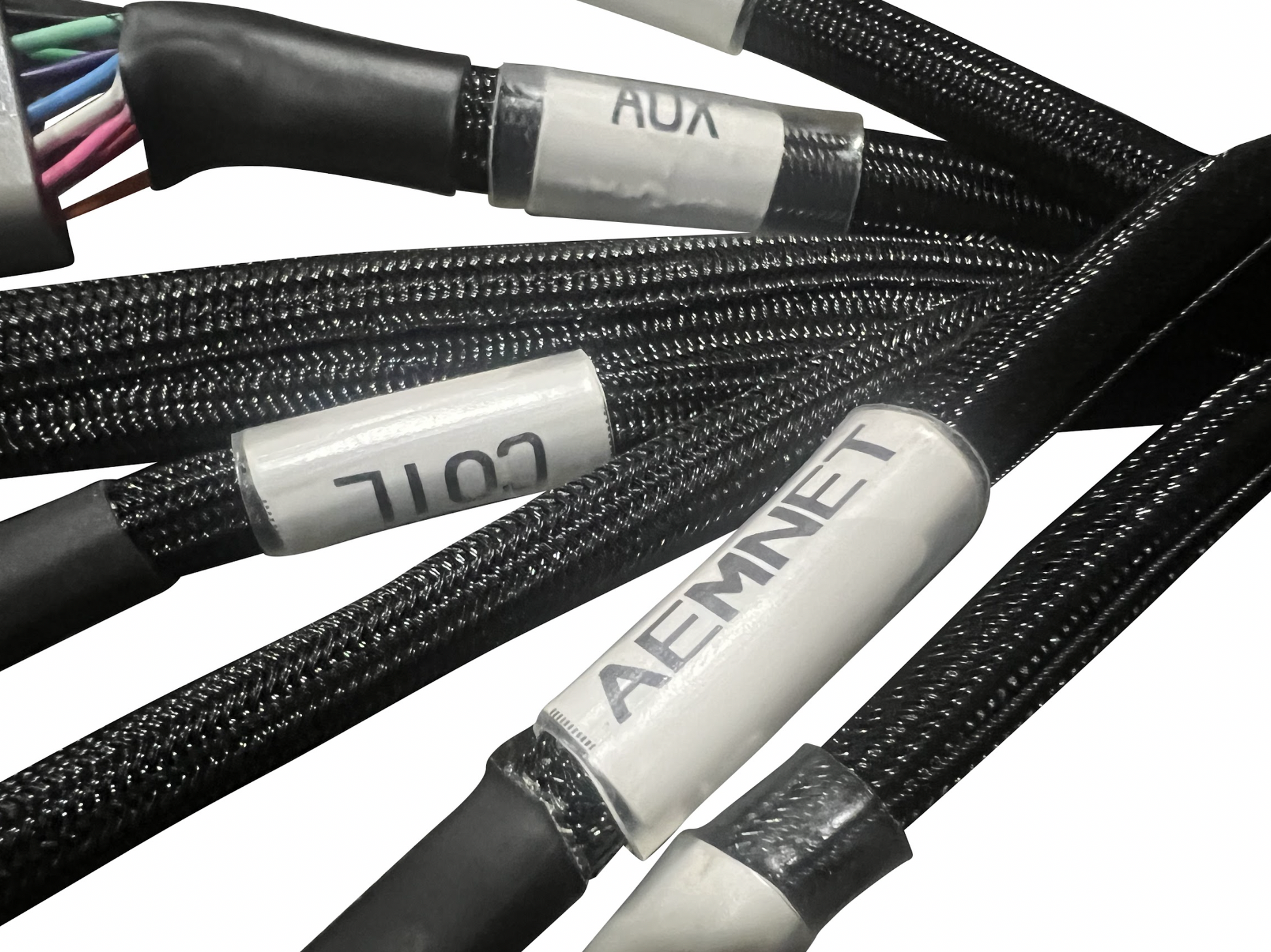 JackSpania Racing Plug & Play Jumper Harness for AEM Infinity ECUs, engine parts, with connectors and wiring for easy installation.