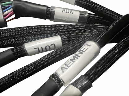 JackSpania Racing Plug & Play Jumper Harness for AEM Infinity ECUs, engine parts, with connectors and wiring for easy installation.