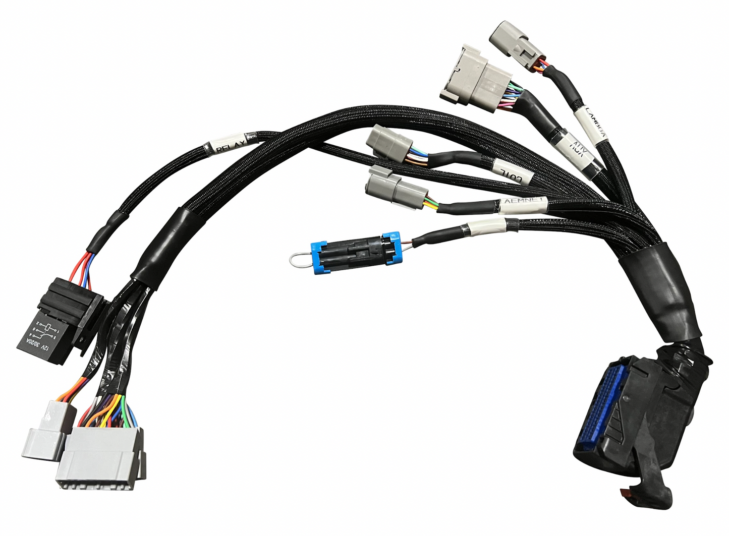 JackSpania Racing Plug & Play Jumper Harness for AEM Infinity ECUs, compatible with 506, 508, 6, and 8H engine control units.