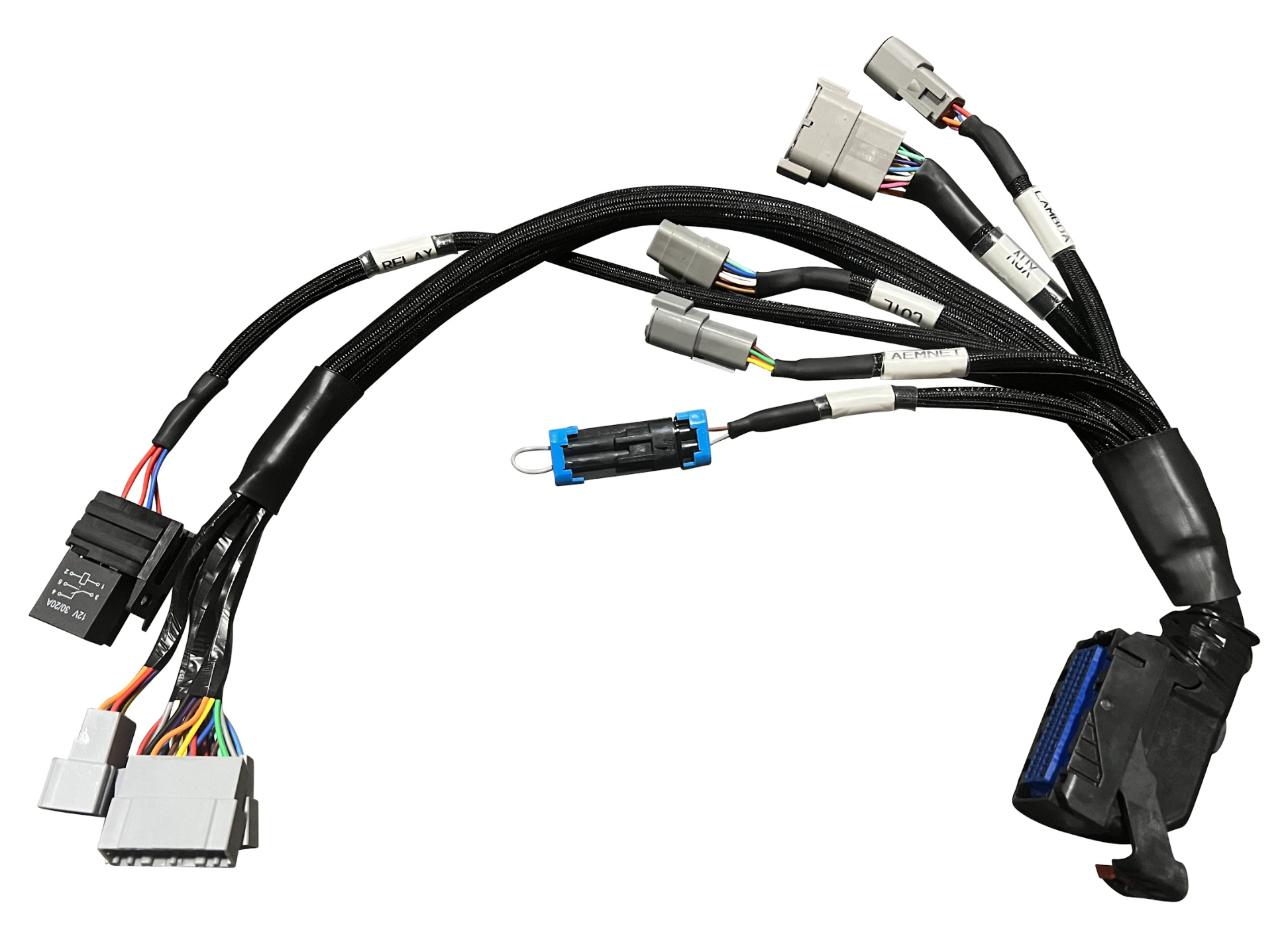 JackSpania Racing Plug & Play Jumper Harness for AEM Infinity ECUs, compatible with 506, 508, 6, and 8H engine control units.