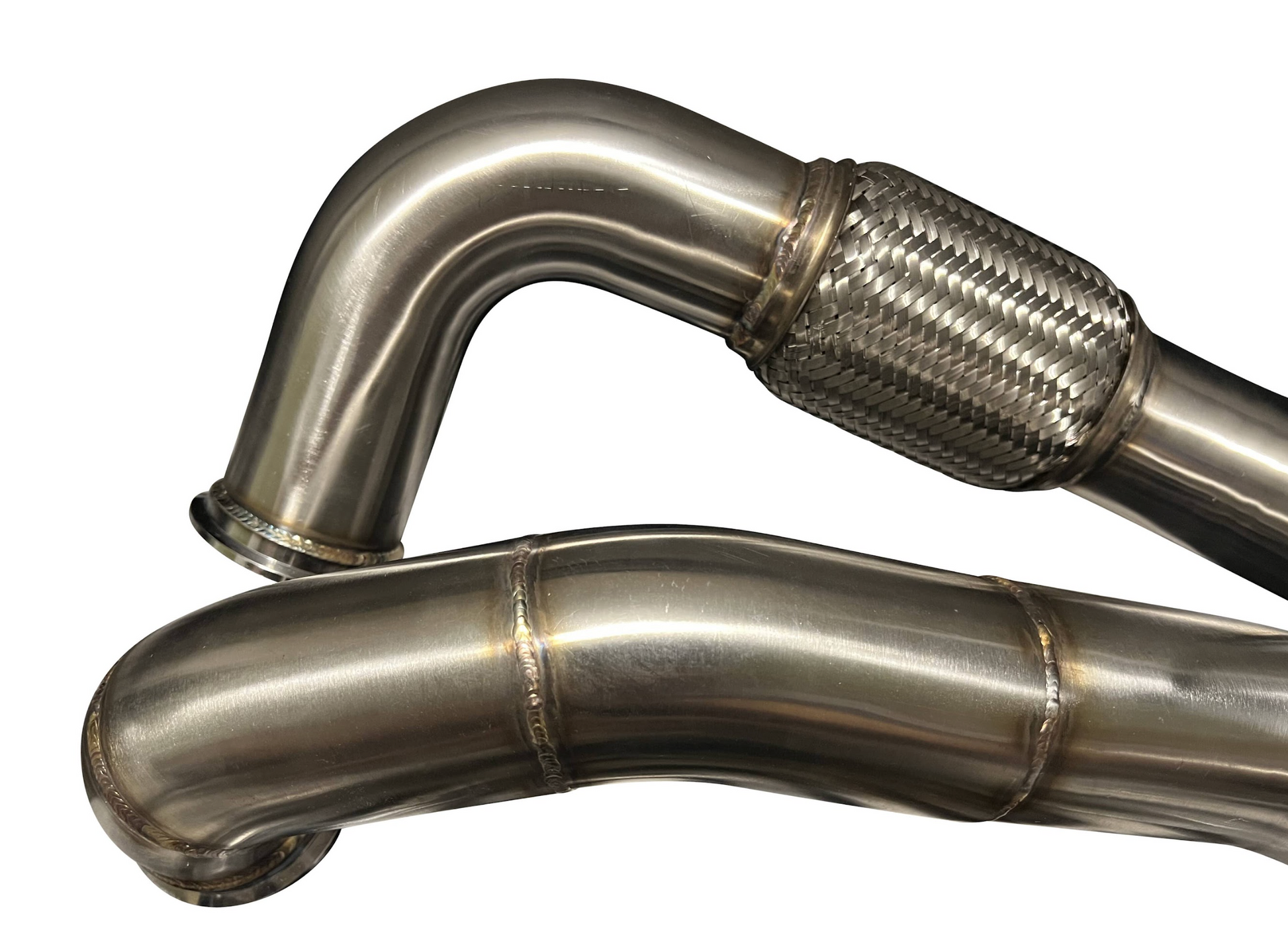 High-angle view of Jack Spania Racing K Series Sidewinder Turbo down pipe and exhaust manifold for Honda Acura K swap EG EK Civic