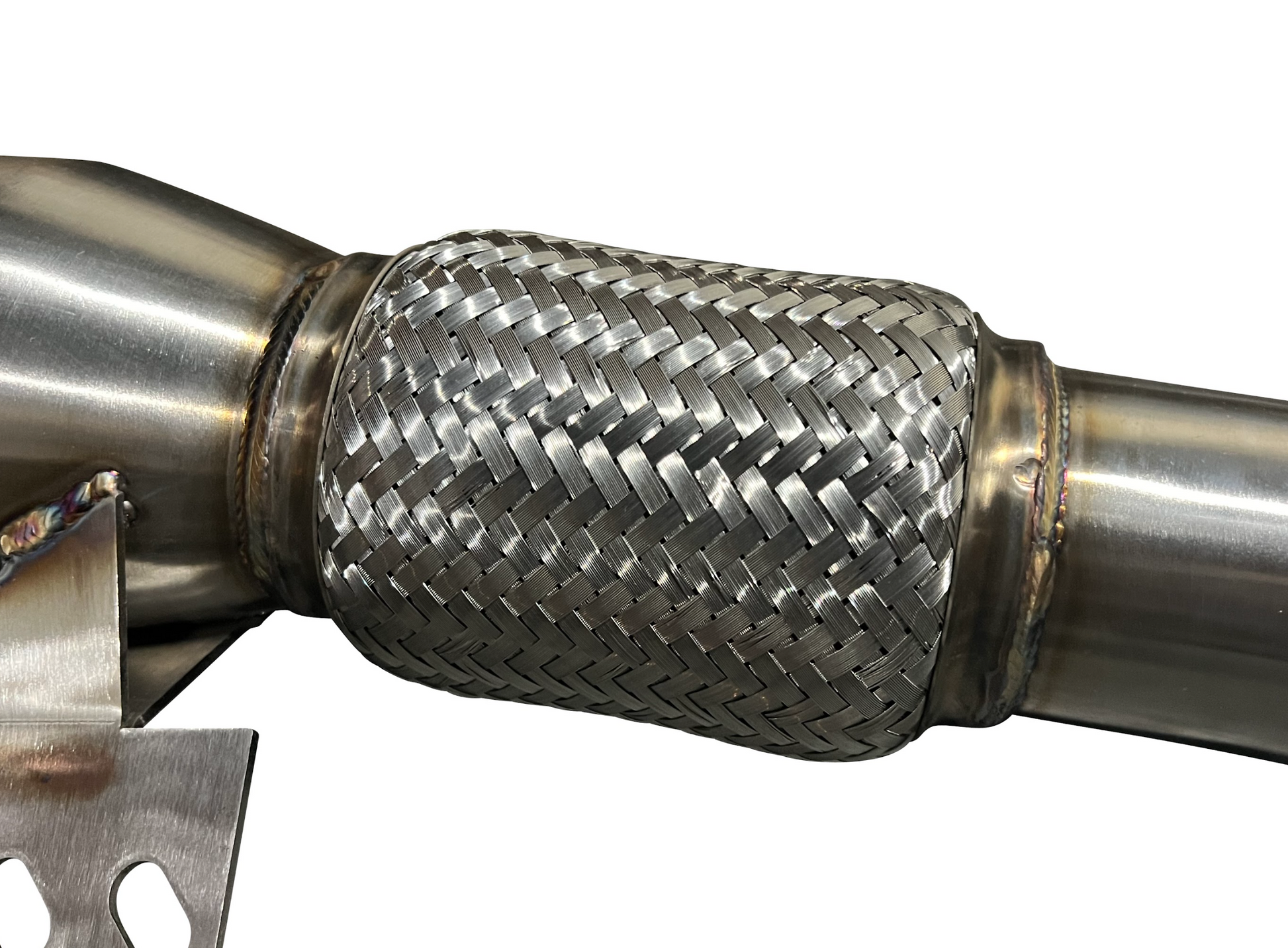 Stainless steel downpipe for Toyota Supra B58 2019+ A90, exhaust part by JackSpania Racing, showing the polished metal pipe.