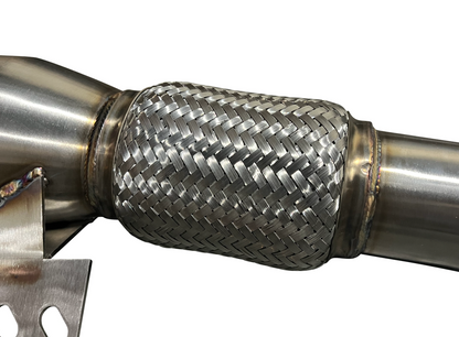 Stainless steel downpipe for Toyota Supra B58 2019+ A90, exhaust part by JackSpania Racing, showing the polished metal pipe.