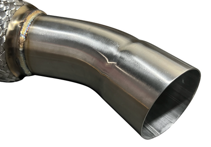 Stainless steel downpipe for Toyota Supra B58 A90 2019+ exhaust part by JackSpania Racing, 4.5-inch diameter, shown in the image.