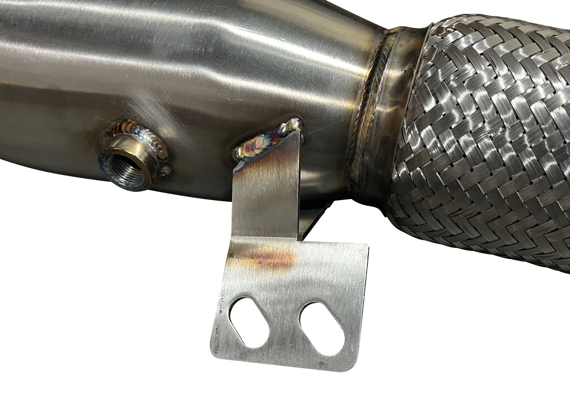 Stainless steel downpipe for Toyota Supra B58 2019+ A90, exhaust part by JackSpania Racing, showing the polished metal finish.