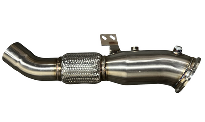 Stainless steel downpipe for Toyota Supra A90 B58 engine by JackSpania Racing, 4.5-inch exhaust part with polished finish.