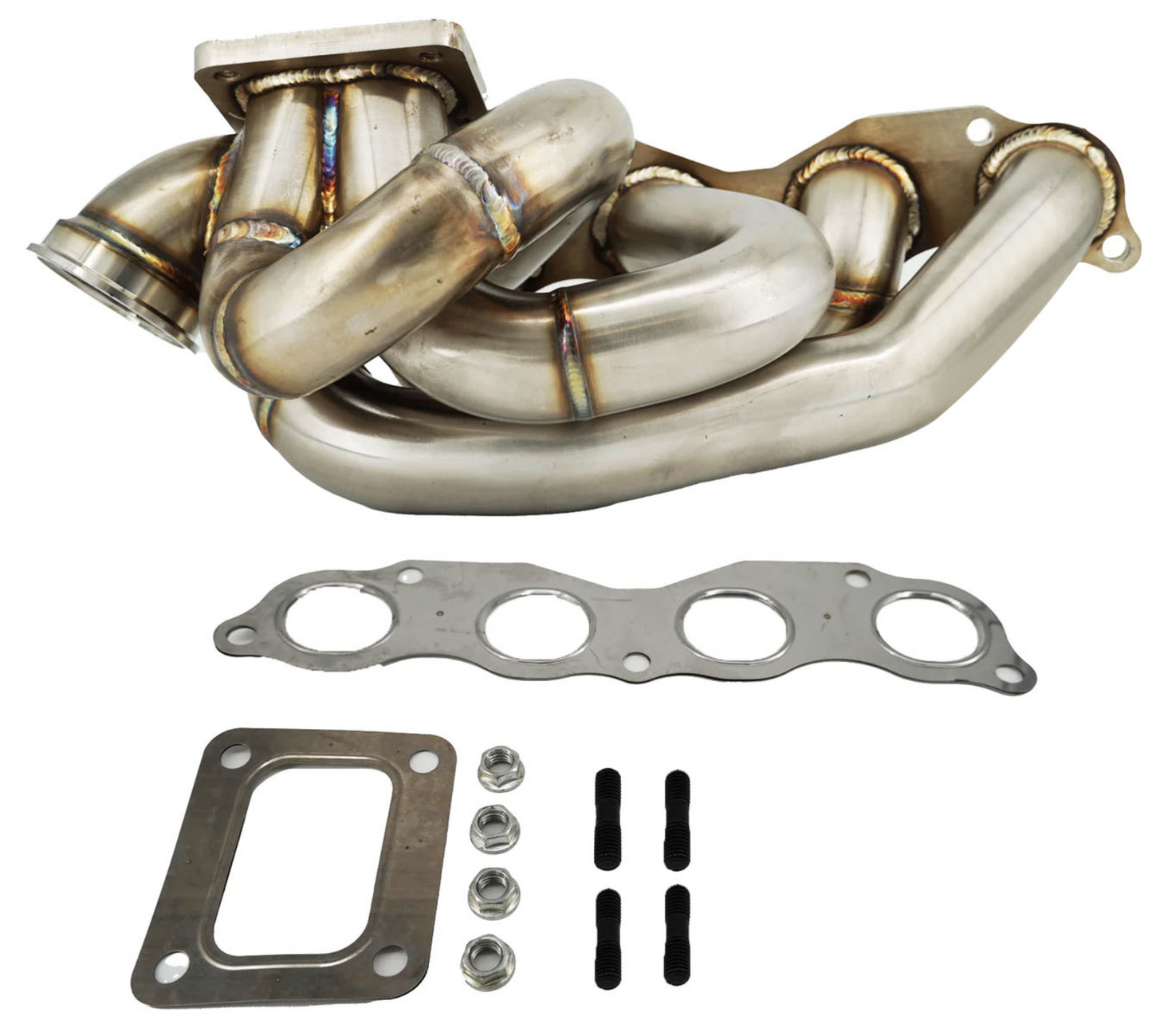 JackSpania Racing K20 K24 top mount T3 T4 60mm wastegate turbo manifold for K series engines, suitable for AWD and FWD setups.