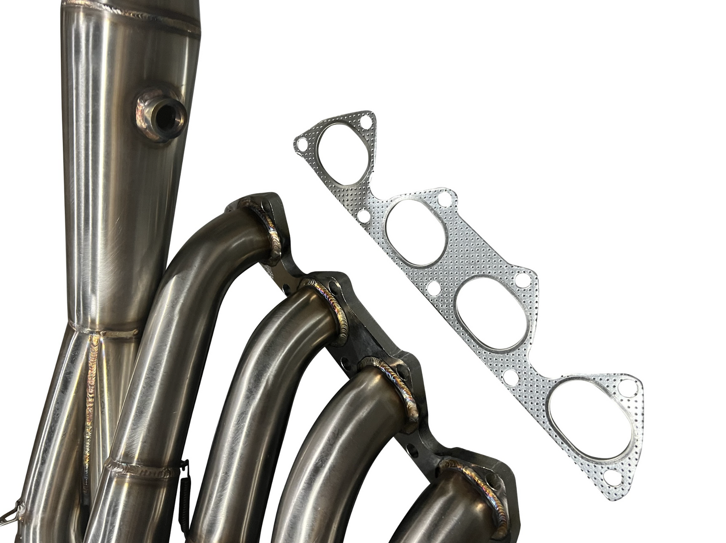 Honda Acura B Series 4-1 Hood Exit Race Header by Jack Spania Racing, showcasing polished exhaust header with dual outlet design.