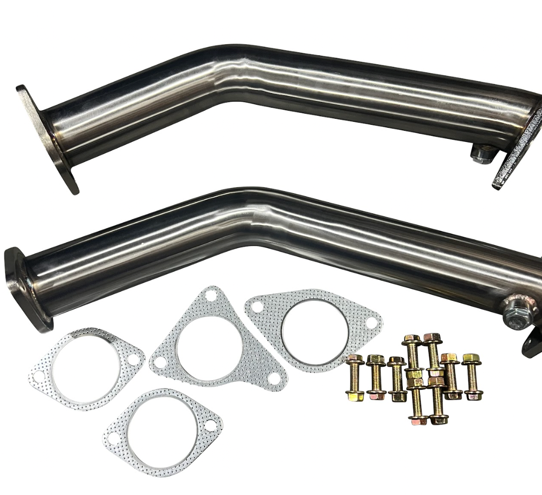 JackSpania Racing lower downpipes for Infiniti Q50 and Q60 3.0T Twin Turbo exhaust system, shown in the product image.