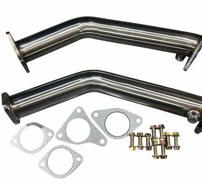 JackSpania Racing lower downpipes for Infiniti Q50 and Q60 3.0T Twin Turbo exhaust system, shown in the product image.