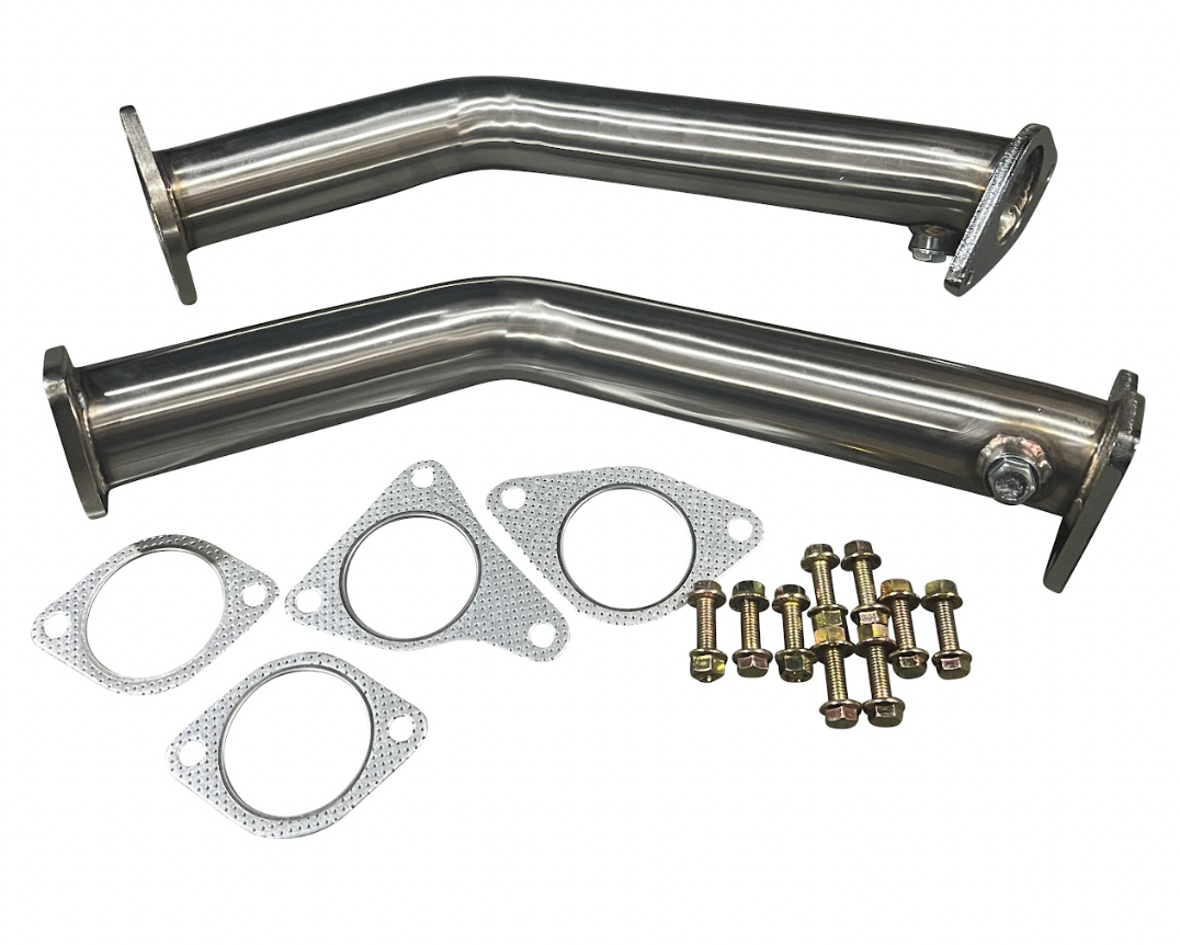 JackSpania Racing lower downpipes for Infiniti Q50 Q60 3.0T twin turbo exhaust system, showing polished metal components.