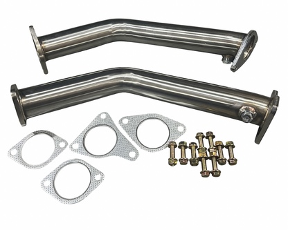 JackSpania Racing lower downpipes for Infiniti Q50 Q60 3.0T twin turbo exhaust system, showing polished metal components.