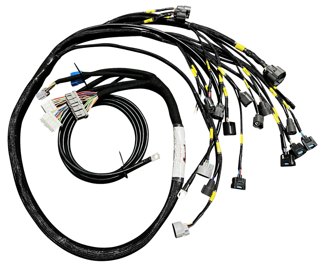 JackSpania Racing B D H F Series Tucked Engine Sub Chassis Harness for OBD2 vehicles, showing detailed wiring and connectors.