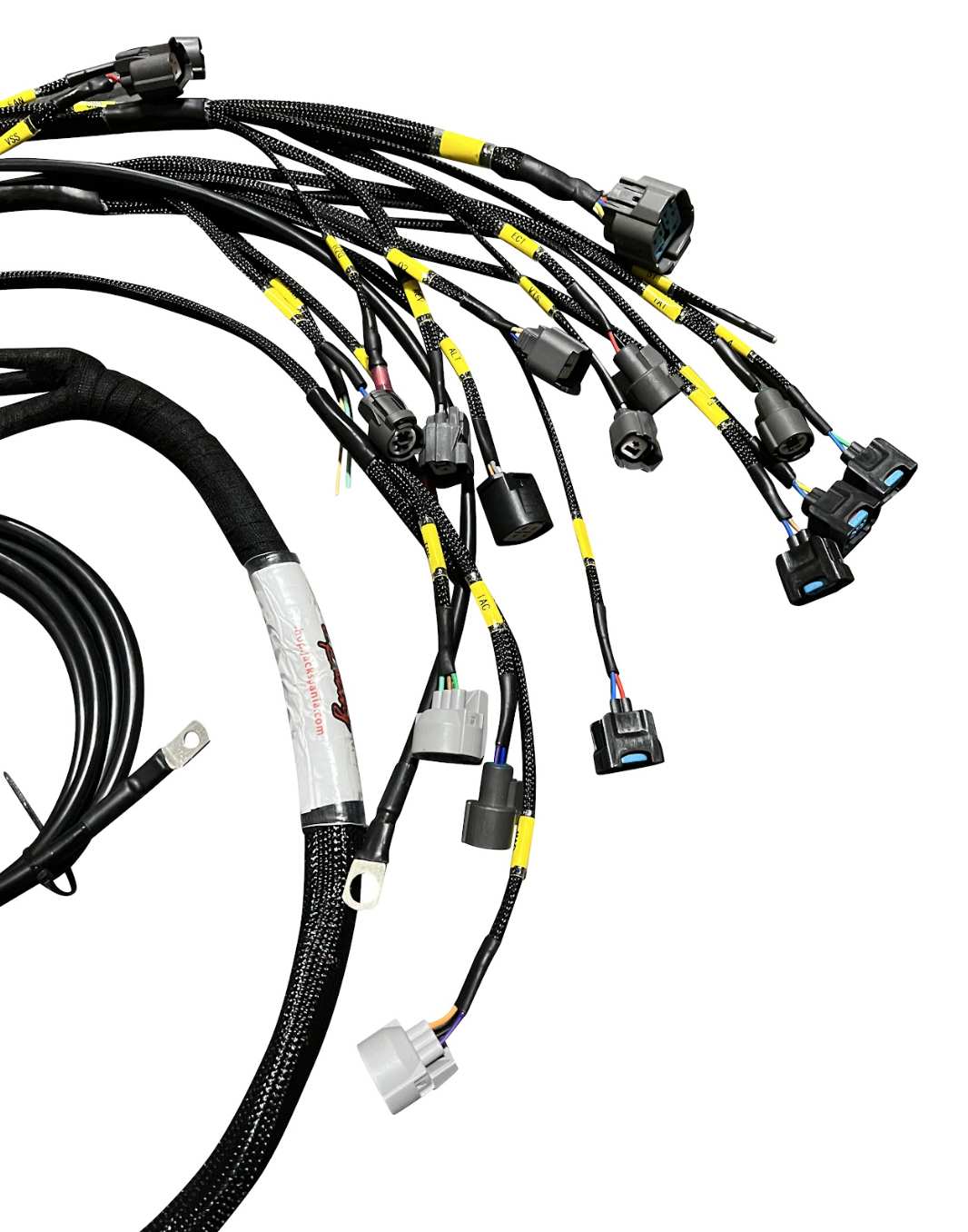 JackSpania Racing B D H F Series Tucked Engine Sub Chassis Harness for OBD2 vehicles, showing detailed wiring and connectors.