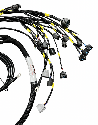 JackSpania Racing B D H F Series Tucked Engine Sub Chassis Harness for OBD2 vehicles, showing detailed wiring and connectors.