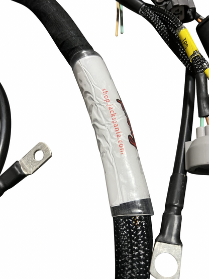 JackSpania Racing B D H F Series Tucked Engine Sub Chassis Harness for OBD2 vehicles, showing detailed wiring and connector parts.